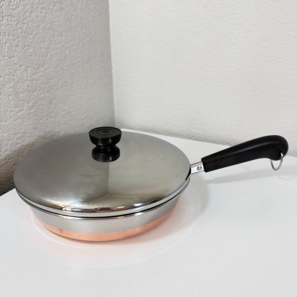VTG Revere Ware 9in -92I Skillet Fry Saute Pan Copper Bottom SS 1801 USA w/ Lid